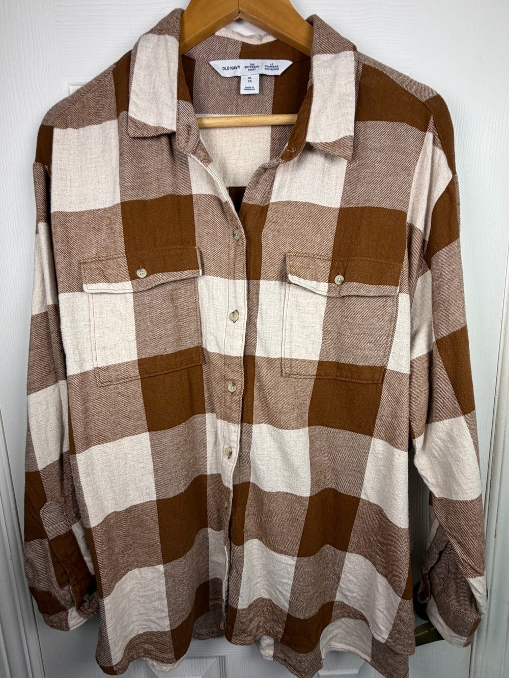 Old Navy XL Brown Plaid Flannel Boyfriend Shirt Oversized Lumberjack Cabincore